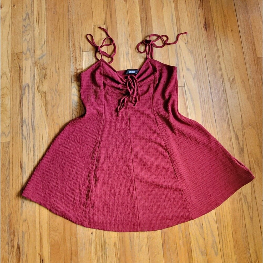 Cider Women's Red Burgundy 2XL Textured Sleevess Midi Dress With Adjustable Ties